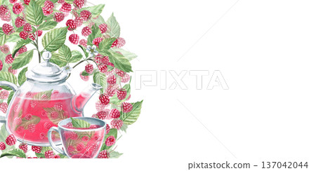 A rectangular frame with raspberry branches, a teapot, and a cup of tea. Isolated watercolor illustration for herbal tea packaging branding, restaurant menus, kitchenware design, and postcard. A rectangular frame with raspberry branches, a teapot, and a cup of tea. Isolated watercolor illustration for herbal tea packaging branding, restaurant menus, kitchenware design, and postcard. 137042044