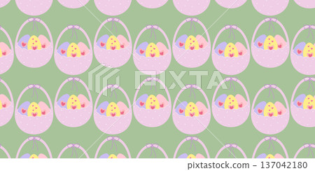 Egg shape Bucket with Multicolor Easter Eggs with hearts decor Seamless Pattern Banner Format Sample. Isolated Vector illustration Easter Greeting Thematic Card Backdrop Promo Banner, leaflets, labels 137042180