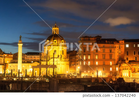ROME, ITALY - MARCH 25, 2025: The ruins of the Roman Forum at sunset. Ancient government buildings and temples, with origins dating to the 7th century BC, are silhouetted against a warm, colorful sky. ROME, ITALY - MARCH 25, 2025: The ruins of the Roman Forum at sunset. Ancient government buildings and temples, with origins dating to the 7th century BC, are silhouetted against a warm, colorful sky. 137042240