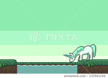 Fantasy game-style background material of a pixelated unicorn drinking water from a stream 137042244
