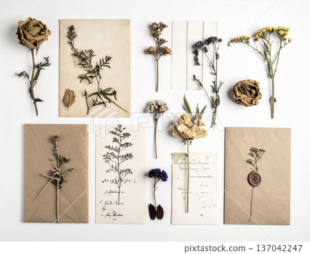 Antique background of natural dried flowers and envelopes Antique background of natural dried flowers and envelopes 137042247