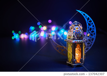 Ramadan lantern and crescent moon with bokeh lights Ramadan lantern and crescent moon with bokeh lights 137042307