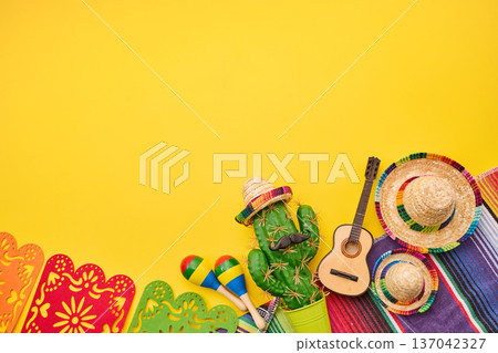 Mexican fiesta background with cactus, sombrero, guitar, maracas 137042327