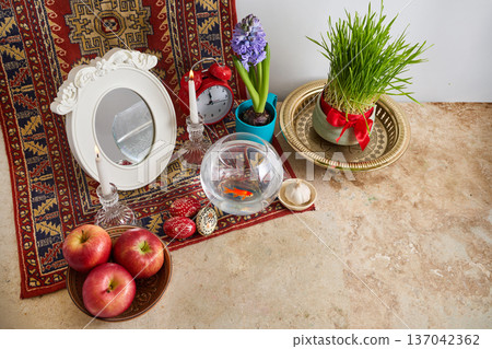 Haft-sin table celebrating persian new year nowruz tradition Haft-sin table celebrating persian new year nowruz tradition 137042362
