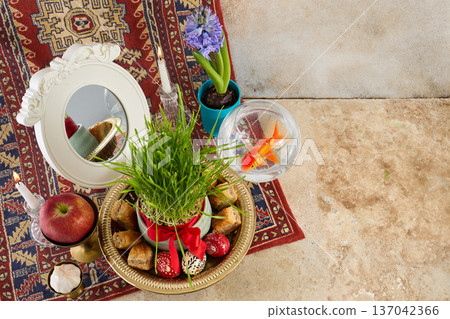 Nowruz haft-sin table celebrating persian new year tradition Nowruz haft-sin table celebrating persian new year tradition 137042366