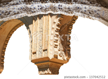 Arches in Islamic (Moorish) style (carved on white background) in Alhambra, Granada, Spain Arches in Islamic (Moorish) style (carved on white background) in Alhambra, Granada, Spain 137042512