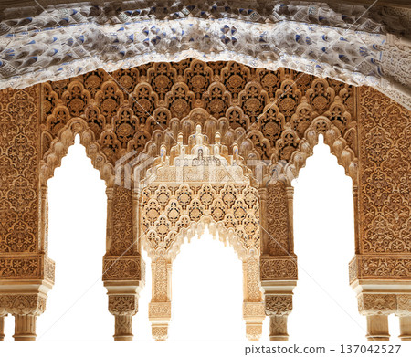 Arches in Islamic (Moorish) style (carved on white background) in Alhambra, Granada, Spain Arches in Islamic (Moorish) style (carved on white background) in Alhambra, Granada, Spain 137042527