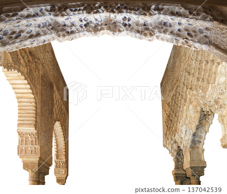 Arches in Islamic (Moorish) style (carved on white background) in Alhambra, Granada, Spain 137042539