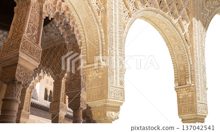 Arches in Islamic (Moorish) style (carved on white background) in Alhambra, Granada, Spain 137042541