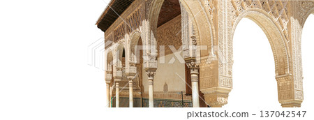 Arches in Islamic (Moorish) style (carved on white background) in Alhambra, Granada, Spain Arches in Islamic (Moorish) style (carved on white background) in Alhambra, Granada, Spain 137042547