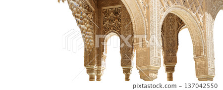 Arches in Islamic (Moorish) style (carved on white background) in Alhambra, Granada, Spain 137042550