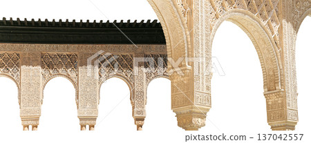 Arches in Islamic (Moorish) style (carved on white background) in Alhambra, Granada, Spain Arches in Islamic (Moorish) style (carved on white background) in Alhambra, Granada, Spain 137042557