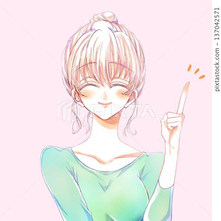 A woman with a bun-shaped hairstyle pointing with her index finger, smiling A woman with a bun-shaped hairstyle pointing with her index finger, smiling 137042571