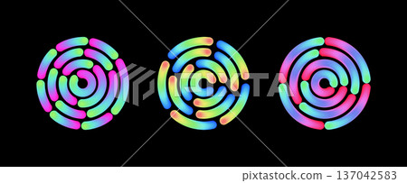 Glowing neon rings create stunning circular light effects. Blue and purple gradient borders with bright LED style illumination. Perfect abstract frame for modern graphic designs. 137042583