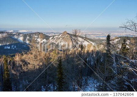 Winter mountain landscape with clear sky and snow covered peaks. Scenic view of coniferous forest and distant city for travel concept. Winter mountain landscape with clear sky and snow covered peaks. Scenic view of coniferous forest and distant city for travel concept. 137042604