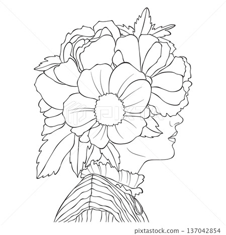 Woman profile with floral bouquet line art illustration, feminine botanical portrait outline 137042854