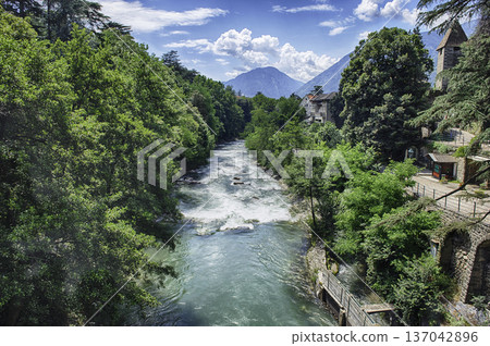 Passirio River flowing through Merano city center, South Tyrol, Italy 137042896
