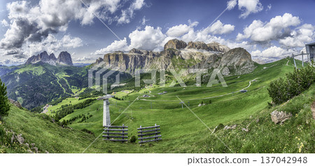 Panoramic view of Langkofel and Sella groups, Dolomites, Italy Panoramic view of Langkofel and Sella groups, Dolomites, Italy 137042948