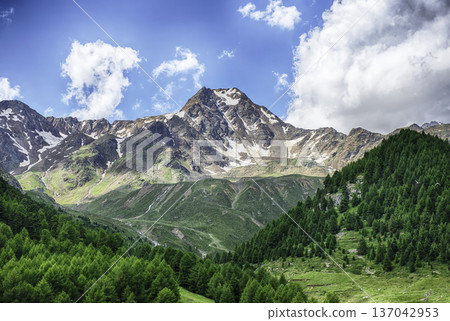 Schwemser Spitze mountain peak towering over green valley in Italy 137042953