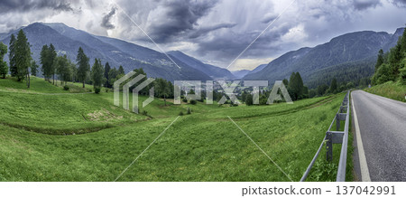 Panoramic view of Val di Sole valley, Trentino, Italy 137042991