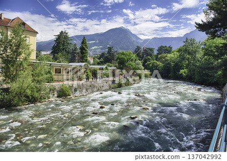 Passirio River flowing through Merano city center, South Tyrol, Italy Passirio River flowing through Merano city center, South Tyrol, Italy 137042992