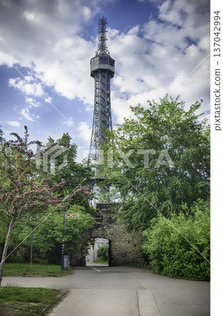Petrin lookout tower rising above trees in Prague, Czech Republic Petrin lookout tower rising above trees in Prague, Czech Republic 137042994
