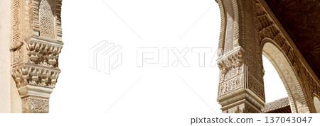 Arches in Islamic (Moorish) style (carved on white background) in Alhambra, Granada, Spain 137043047