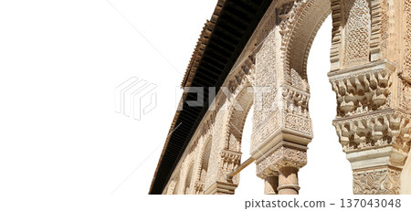 Arches in Islamic (Moorish) style (carved on white background) in Alhambra, Granada, Spain 137043048