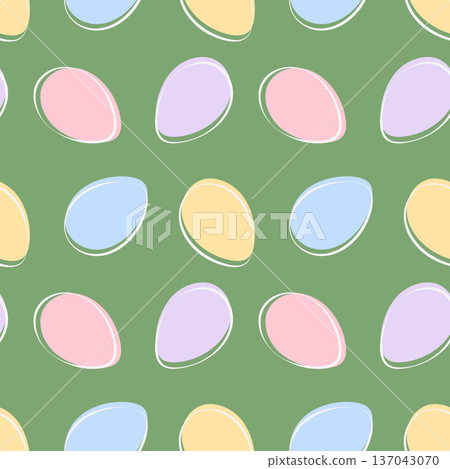 Seamless Pattern of multicolor Easter Eggs in trendy palette Ester Festive Backdrop Minimalist Flat. Vector illustration Easter Greetings Card or Media Post Backdrop Party Invite Promo Banner, labels 137043070