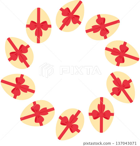 Round Frame border of Easter Eggs with red tied ribbon bow Minimalist Flat design Copyspace Template. Vector illustration Easter Holidays Greetings Thematic card, posting, blog, leaflet, banner, price Round Frame border of Easter Eggs with red tied ribbon bow Minimalist Flat design Copyspace Template. Vector illustration Easter Holidays Greetings Thematic card, posting, blog, leaflet, banner, price 137043071
