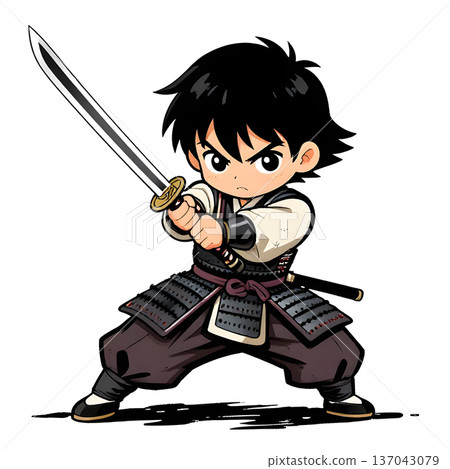 SAMURAI young fighter, graphic style, traditional color dress, in fighting pose. 137043079
