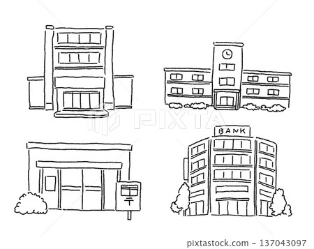 Building illustration set (government office, post office, school, bank), line drawing, Building illustration set (government office, post office, school, bank), line drawing, 137043097