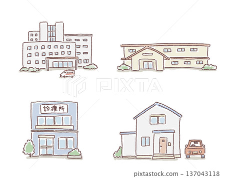 Building illustration set (hospital, nursing home, facility, clinic, home) Building illustration set (hospital, nursing home, facility, clinic, home) 137043118