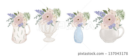 Watercolour flowers in vase, jar, hand drawn isolated spring bouquet illustration, botanical illustration Watercolour flowers in vase, jar, hand drawn isolated spring bouquet illustration, botanical illustration 137043178
