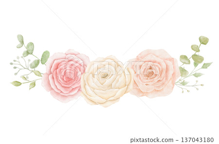 Watercolour crown of peonies, roses and eucalyptus leaves isolated on white background, summer flowers 137043180