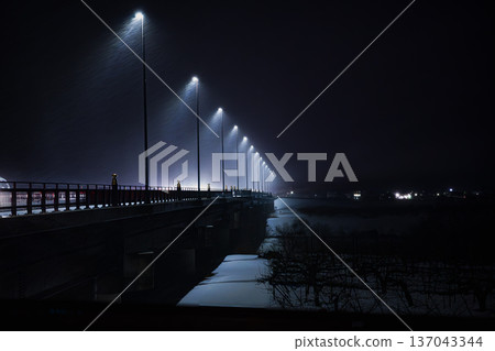 Street lights on a bridge glowing on a snowy night: A fantastic winter snowscape and infrastructure lights 137043344