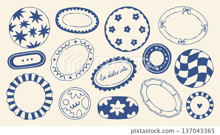Hand drawn Mediterranean plates vector set in blue monochrome style. Decorative ceramic dish collection with ornaments and patterns, perfect for restaurant branding, menu design and packaging 137043365