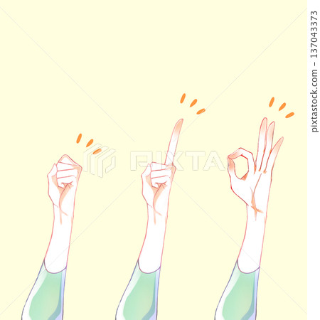 Hand signs: fist, index finger, OK sign Hand signs: fist, index finger, OK sign 137043373