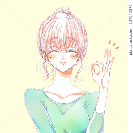 Young woman OK sign smiling bun hair 137043375
