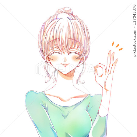 Young woman OK sign smiling bun hair Young woman OK sign smiling bun hair 137043376