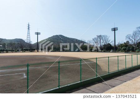 A view of the baseball stadium's vast outfield grass and blue sky from the stands on a clear day 137043521