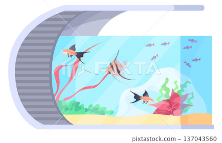 Water aquarium with exotic fauna. Cartoon fish container Water aquarium with exotic fauna. Cartoon fish container 137043560