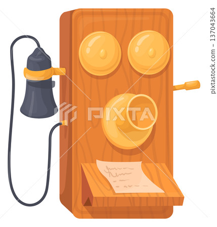 Antique hanging phone on wall. Wooden speaker and receiver Antique hanging phone on wall. Wooden speaker and receiver 137043664