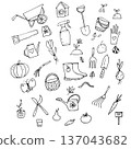 Hand-drawn set of elements on the theme of a garden tools, black and white illustration  137043682