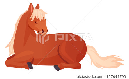 Laying pony. Cute horse rest cartoon icon 137043793