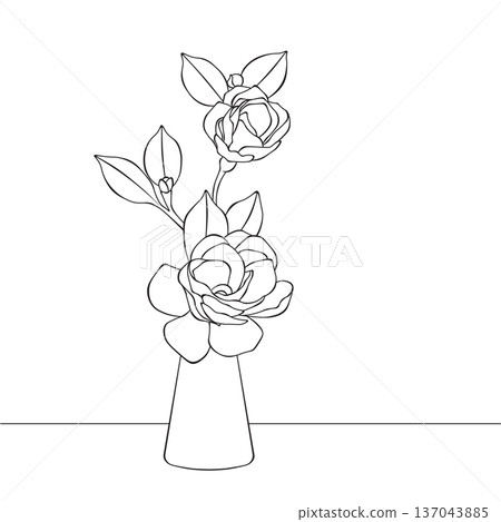 Minimal floral arrangement in vase line art illustration, modern botanical drawing 137043885