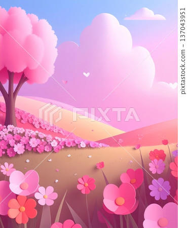 landscape with blooming tree and flowers 137043951