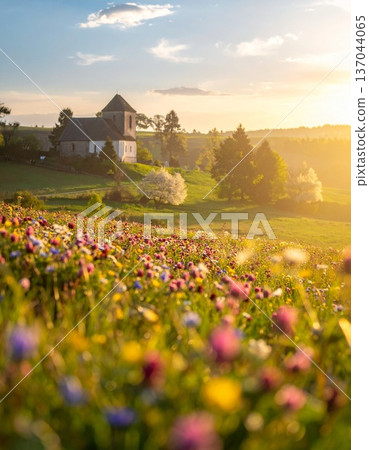 sunset on the meadow near the village sunset on the meadow near the village 137044065