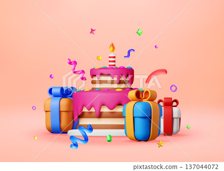 3d Layered birthday cake with gift boxes 3d Layered birthday cake with gift boxes 137044072