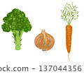 Three vegetables: carrots, onions, and broccoli 137044356